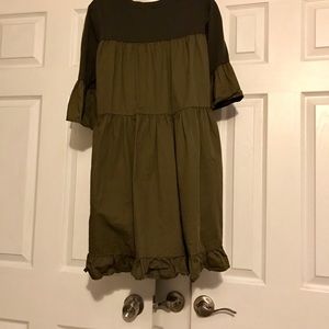 Army green mini dress with ruffle 3/4 sleeves